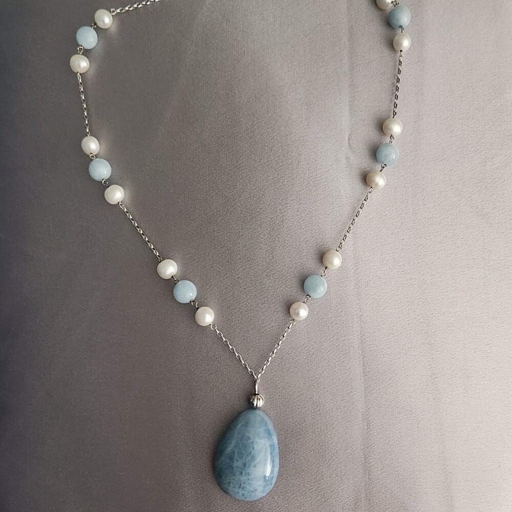 QVC Milky Aquamarine and Freshwater Pearl Sterling Silver Necklace
